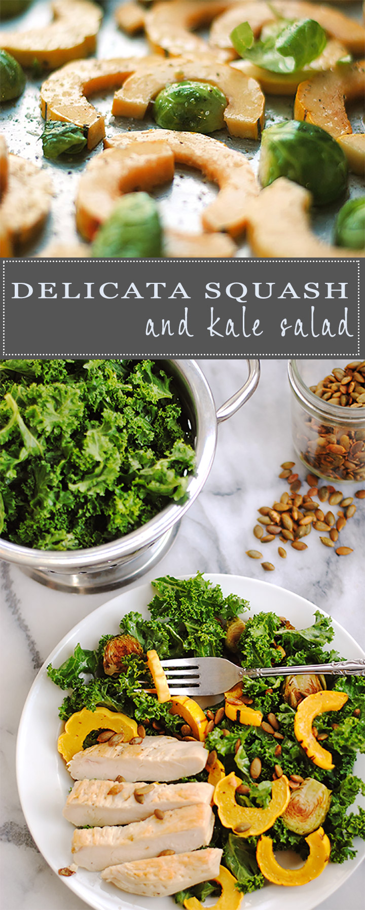 delicata squash and kale salad - you are going to want this delicious salad before your week is over. The roasted squash needs no peeling and the simple ingredients of kale, brussels, pumpkin seeds and mustard vinaigrette make it a recipe to keep. Change up different vegetables, add chicken if you want, or make this without chicken for the perfect Thanksgiving side dish! | shemadeitshemight.com