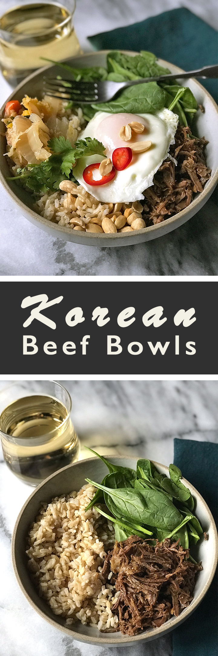 Korean Beef Bowls! All the delicious parts made however you like: shredded beef, spinach, grain, kimchi, peanuts, cilantro, over-easy egg and pass the hot sauce! | shemadeitshemight.com