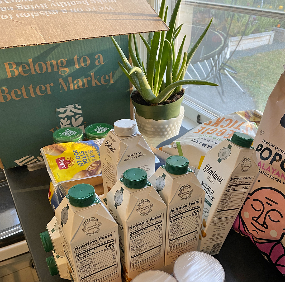 Thrive Market box opened and emptied on a gray counter with Elmhurst almond milk, Lesser Evil popcorn, Shcar hot dog rolls, Santa Cruz peanut butter, and an aloe vera plant in a milk glass planter next to the haul.  