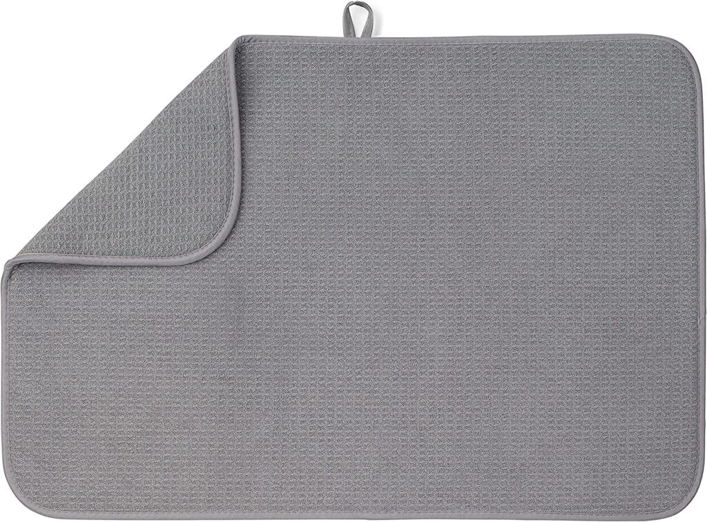 gray waffle weave dish drying mat with hook on top for drying