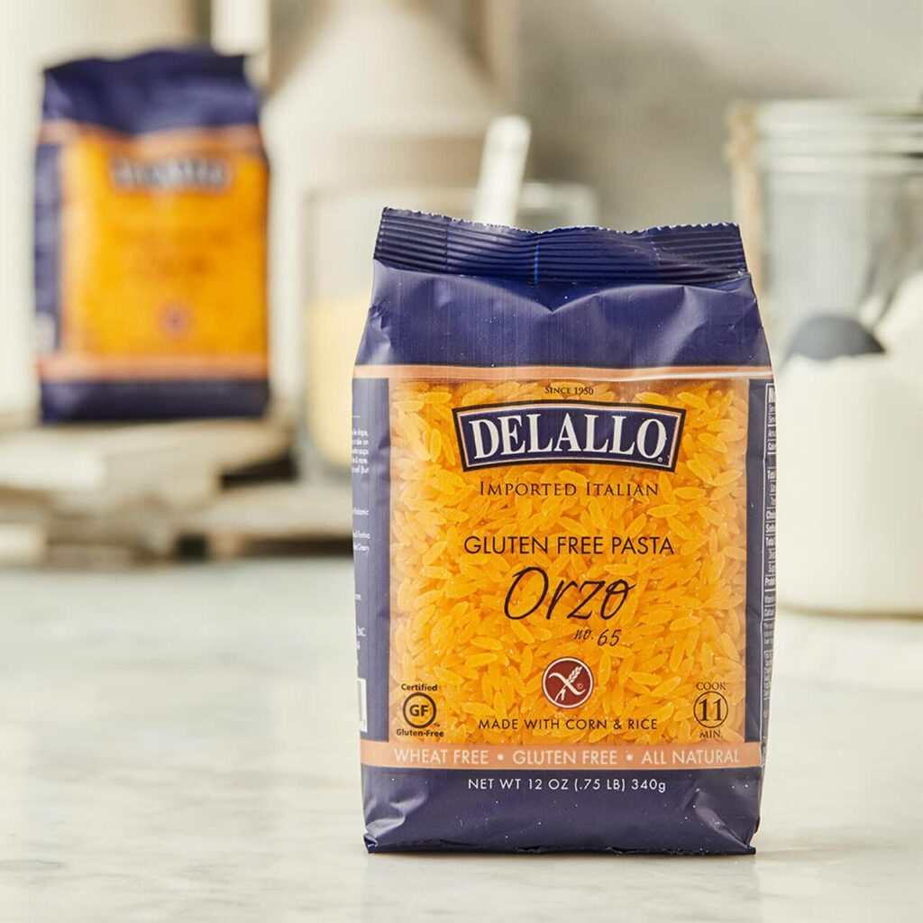 Dellalo brand gluten-free orzo sitting on counter.
