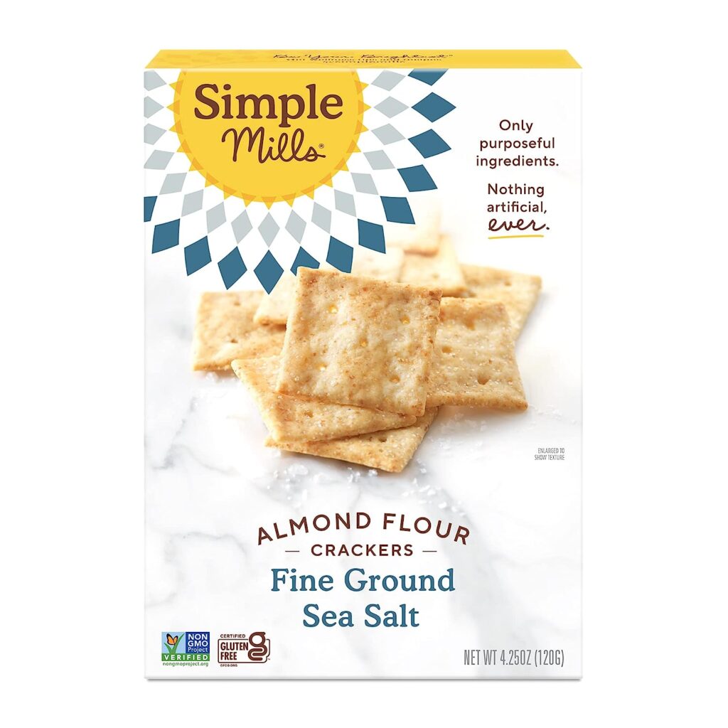 Simple Mills brand of gluten-free crackers made with almond flour written on box.