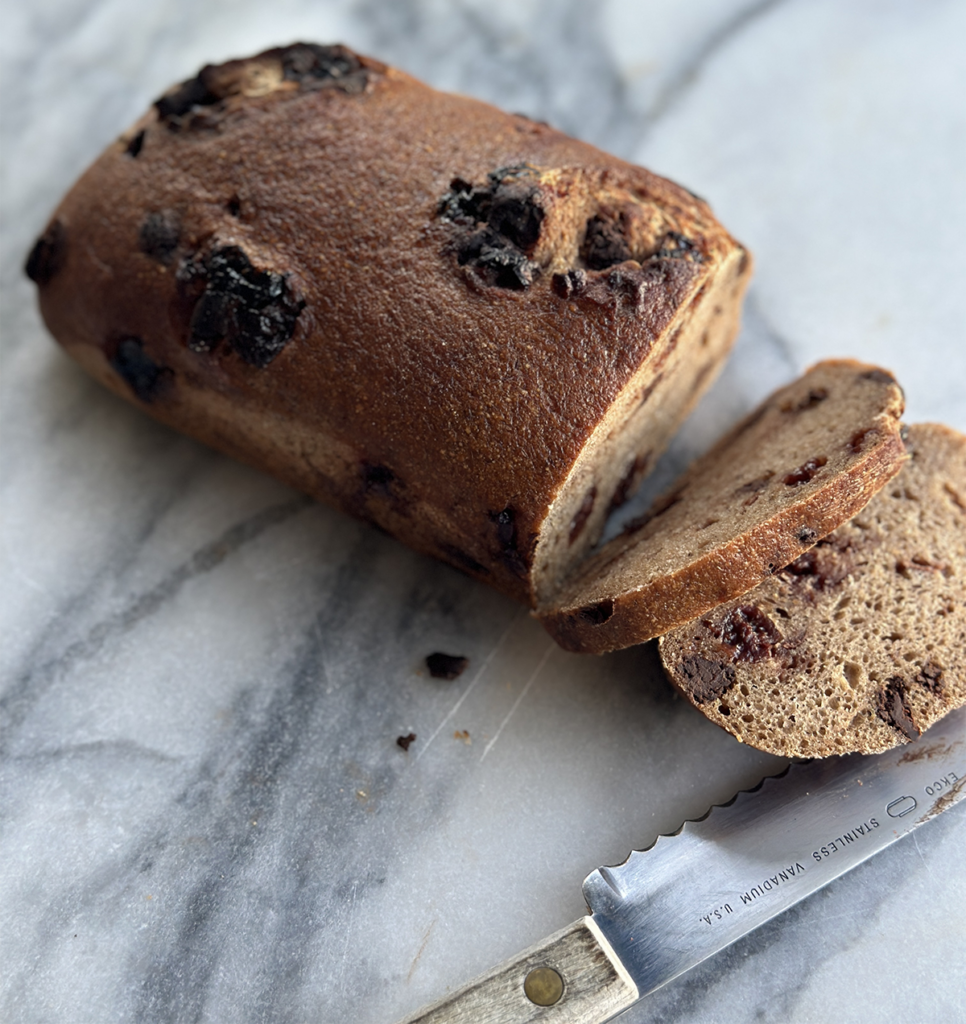 loaf of cherry chocolate sourdough bread from Heaven Gluten-Free Bakery