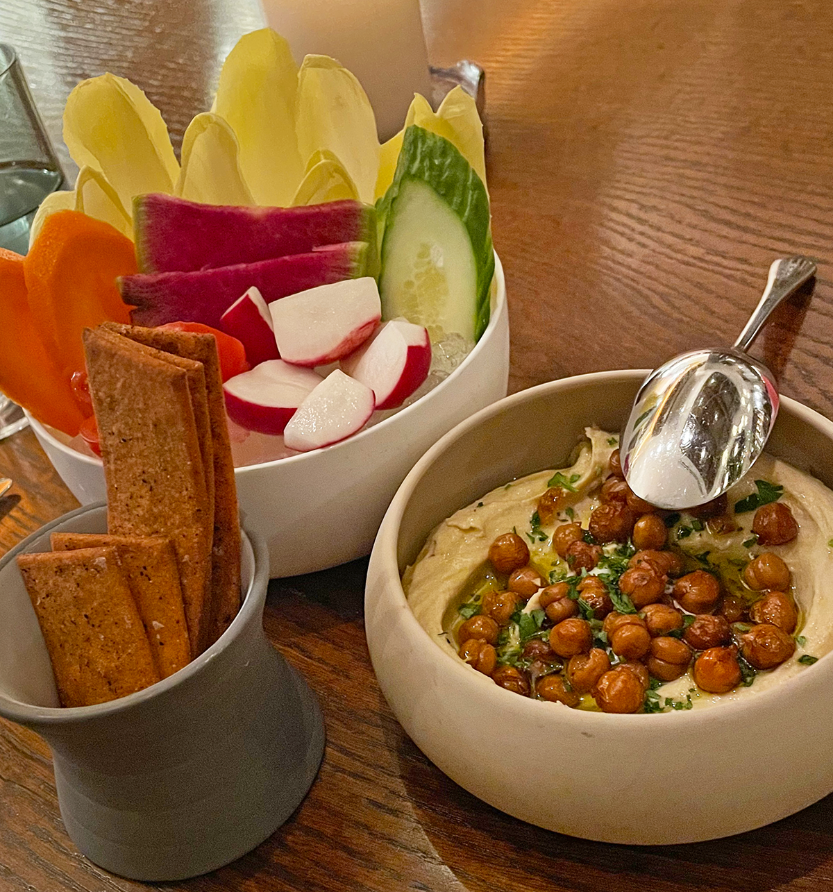 Freshly whipped hummus with crispy chickpeas and vegetables at Mara, one of the Minneapolis gluten-free restaurants I trust.