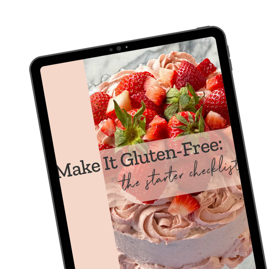 Strawberry cake with whipped cream frosting and fresh berries featured in gluten-free starter checklist graphic.