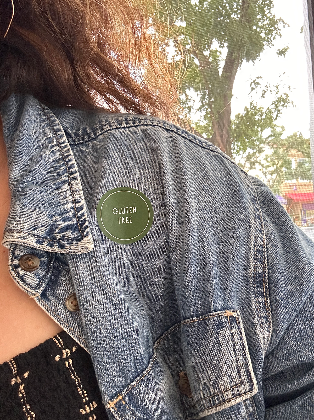 Gluten-free sticker on my jean jacket from a container at Le Burger in Minneapolis